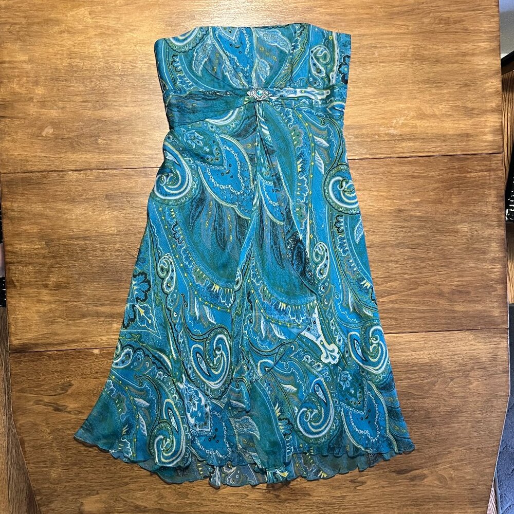 Dress- Silk turquoise paisley strapless